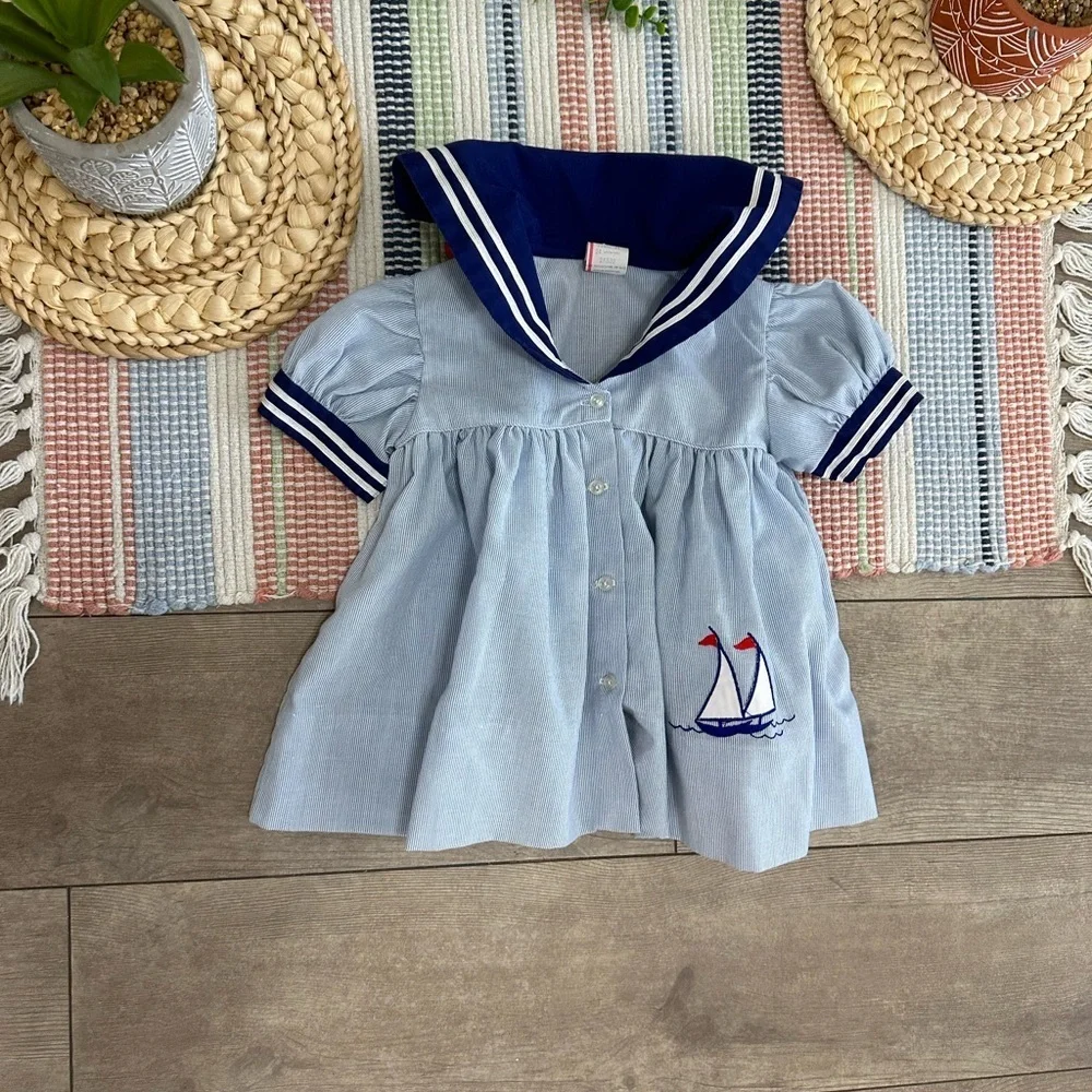 Vintage Nautical Sailor Dress Embroidered Sailboat 24 Months Baby Toddler Girl